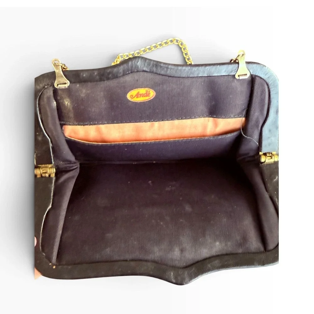 Vintage 1960s Ande Black Clutch Purse Gold Chain Evening Bag fits cellphone